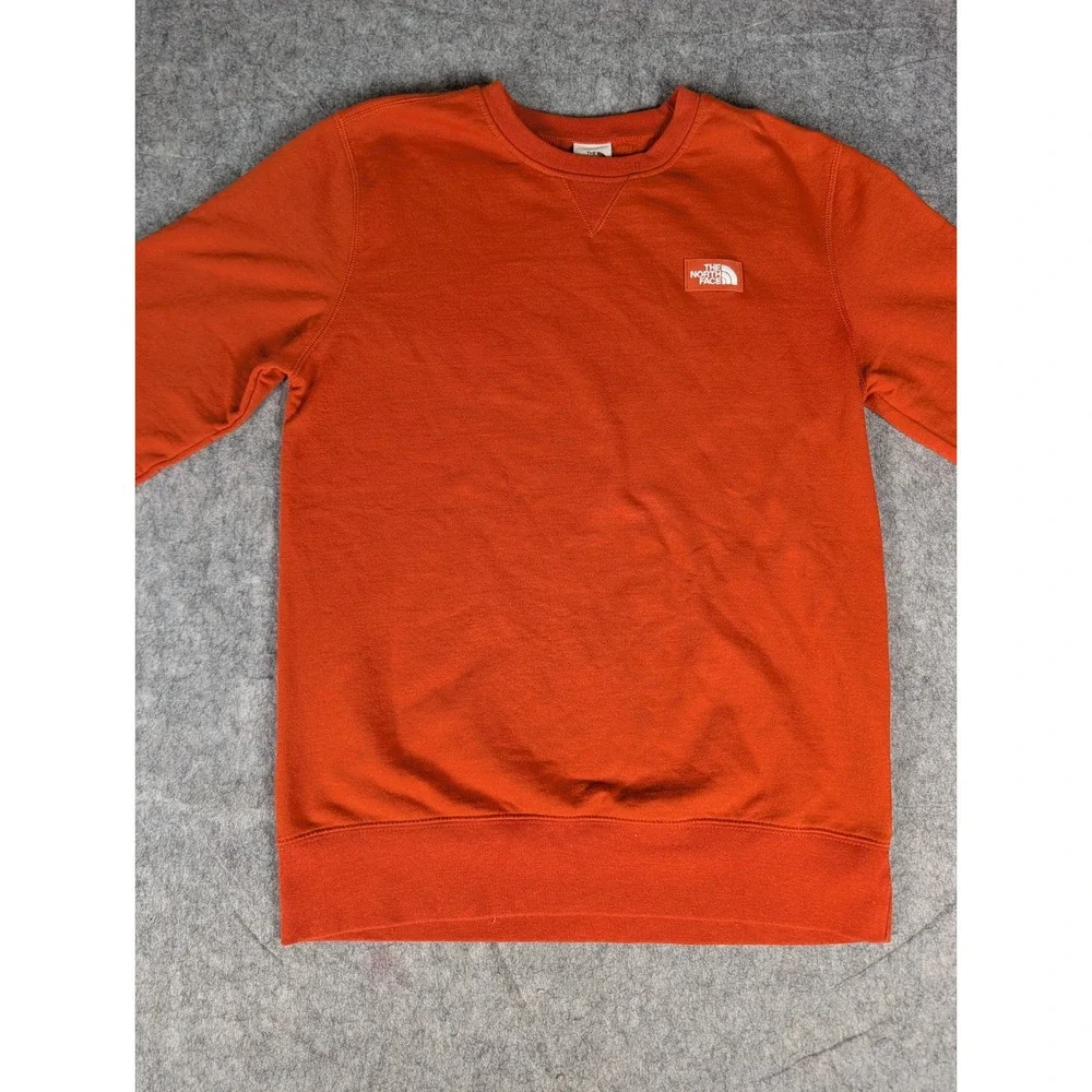 The North Face Mens Heritage Crewneck Sweatshirt Orange Fleece Logo Patch S